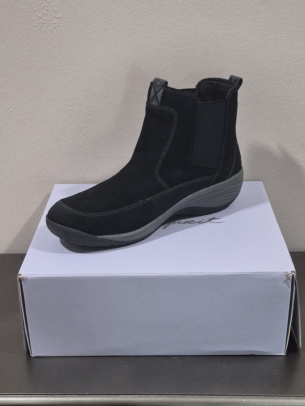 Black Suede Chelsea Boot with Gray Sole